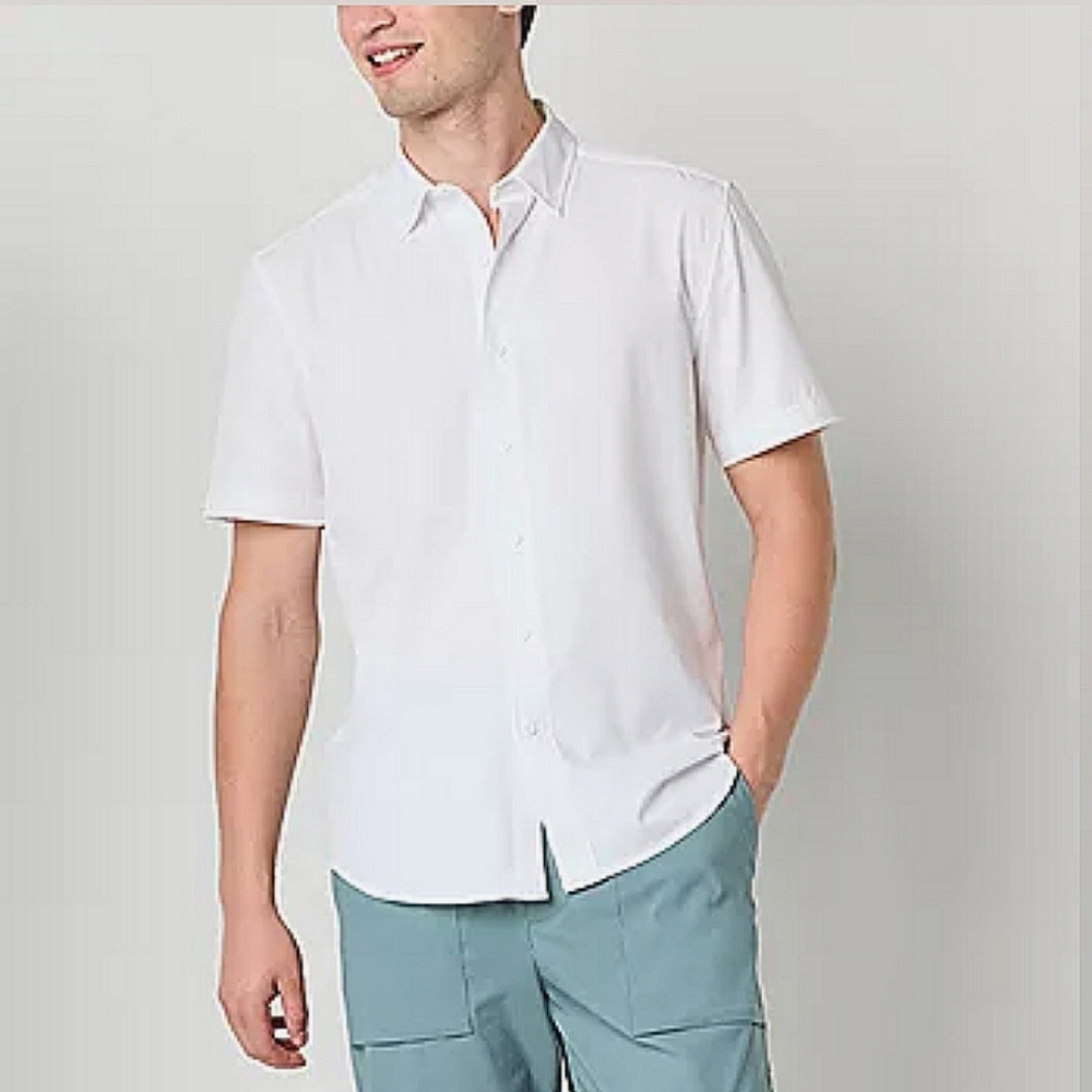 NEW Stylus Men's Regular Fit Short Sleeve Button-Down Shirt! White. Men, XL.